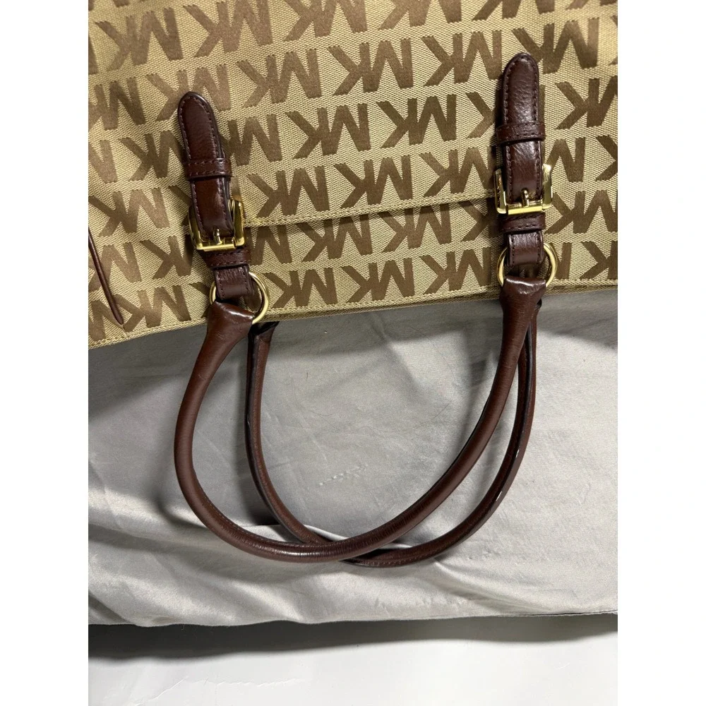 Michael Kors Monogram Jacquard Tote Bag Brown Beige Leather Trim Gold Hardware - Picture 9 of 12